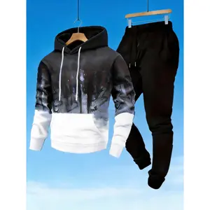 Men's Black & White Gradient Print Tracksuit Set - "FUTURE" Logo Hoodie & Jogger Pants 2-Piece Outfit