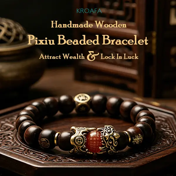Unisex Beaded Bangle - Auspicious Pixiu Bracelet with 4 Symbols, Taoist Thunder-Struck Jujube Wood & Red Agate Stretch Cord, Neutral Design for Protection for Wealth, Secures Prosperity & Office Safety, Natural, Jade-Like Patina