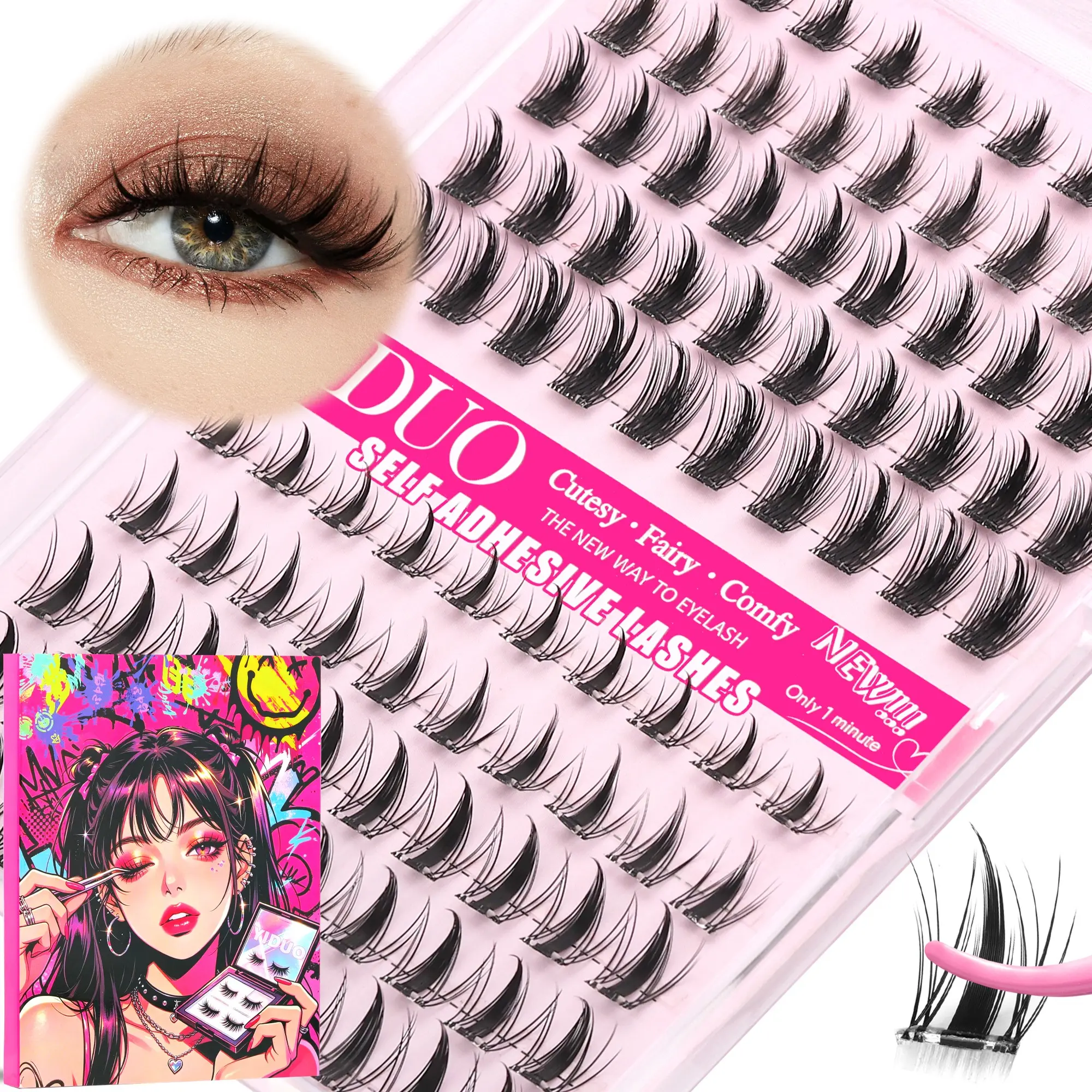 YIDUO Manga Self-Adhesive Synthetic Lash Clusters Individual Fake Eyelashes, 2 Styles Fairy Spiky Wet Look & Natural Wispy Manga, D Curl 10-16mm, Pre-Glued No Glue Needed, 1-Minute Easy DIY Eyelash Extensions Gift Pack