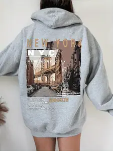 【Plus Size】Letter & NYC Street View Print Drop Shoulder Hoodie, Fashion Casual Drawstring Pocket Hooded Sweatshirt for Daily Holiday Outdoor Wear, Women Plus Clothing for Fall & Winter