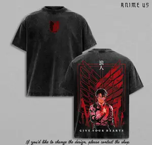 Attack on Titan Levi Ackerman Anime T Shirt Survey Corps Graphic Vintage Washed Grey Tee Oversized Manga Streetwear Japanese Anime Fashion Casual Unisex Gift Idea