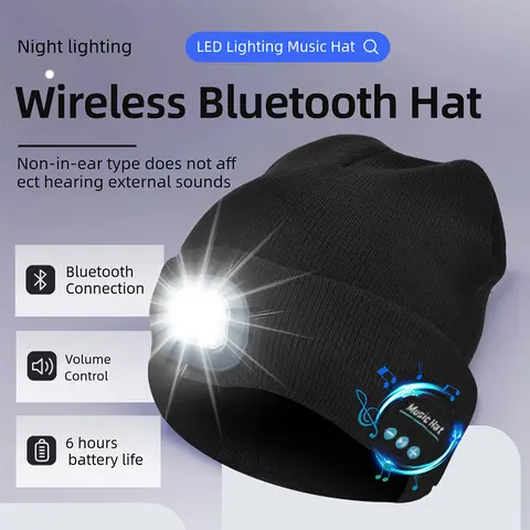 VUB Knitted Hat-Shape Bluetooth Electronic Headset, Rechargeable LED Light, 1-Touch Button Call Answering, Wireless Stereo Audio Player, Mobile Phone Pairing, Winter Warmth, Hands-Free Charging On-The-Go Calls, Running Protection
