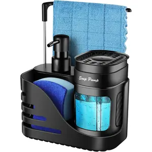 Kitchen Dishwashing Liquid Dispenser Set, 4-in-1 Dual-Function Hand Soap and Dishwashing Liquid Dispenser, with Sponge Holder and Dishcloth Holder, Suitable for Kitchen Sink (Black)