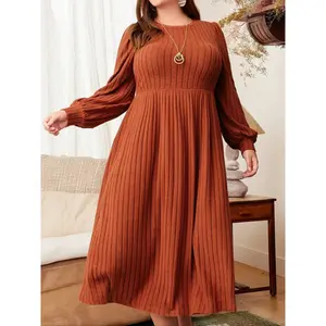 [Plus Size] Solid Color Bishop Sleeve A Line Dress, Elegant Casual Long Sleeve Round Neck Ribbed Dress for Fall & Winter, Women's Clothes for Daily Vacation Party