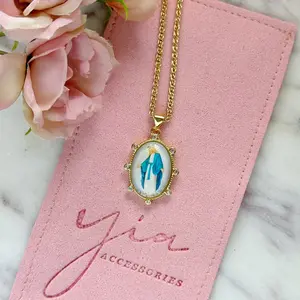 Virgencita Milagrosa Beaded Pendant Faith Necklace, Adjustable Length Long Chain, Daily Wear Costume Jewelry Accessory