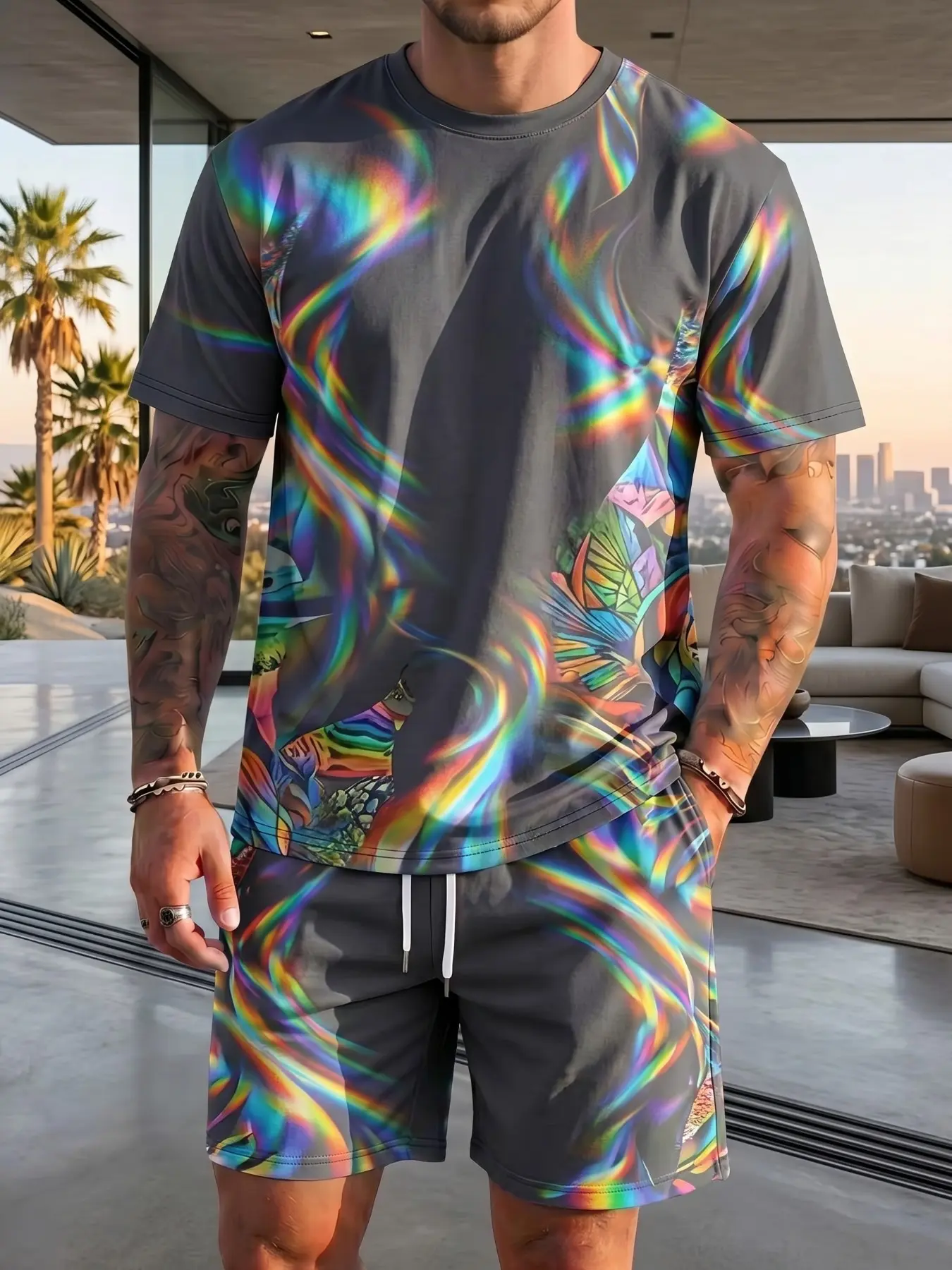 Holographic Rainbow Swirl Print Men’s 2-Piece Set, Micro-Elastic & Lightweight, Casual Slim Fit for Adult Males, Perfect for Festivals, Concerts & Urban Streetwear, Stylish Summer Casual Wear