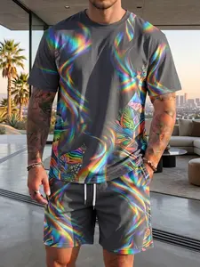 Holographic Rainbow Swirl Print Men’s 2-Piece Set, Micro-Elastic & Lightweight, Casual Slim Fit for Adult Males, Perfect for Festivals, Concerts & Urban Streetwear, Stylish Summer Casual Wear