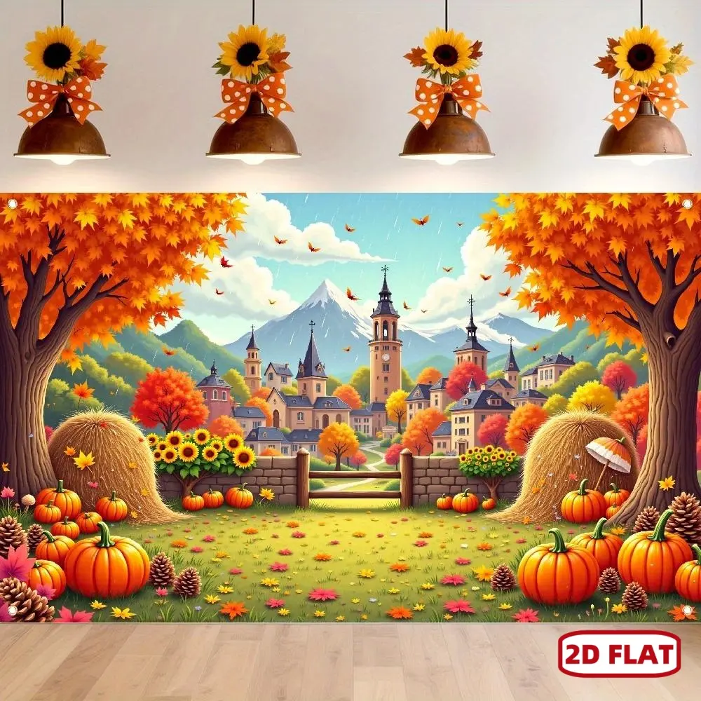 2D Flat Autumn Print Polyester Banner - Autumn Village Scene, Stone Path, Colorful Landscape, Basket, Haystacks, Pumpkin Patch - Farm Harvest, Thanksgiving, Birthday Festive Party Home Photo Backdrop Prop