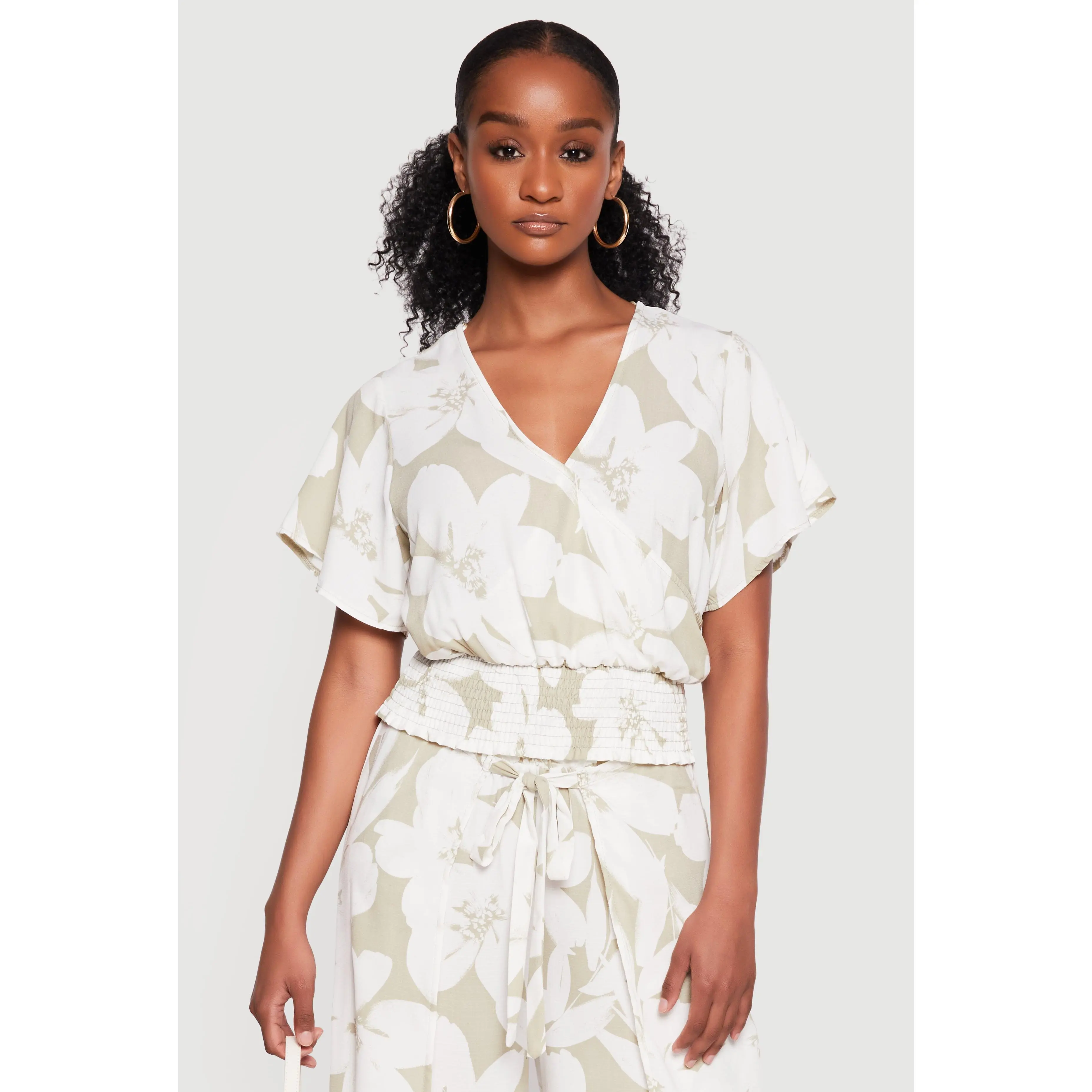 Floral Smocked Faux Wrap Blouse with Flutter Sleeves