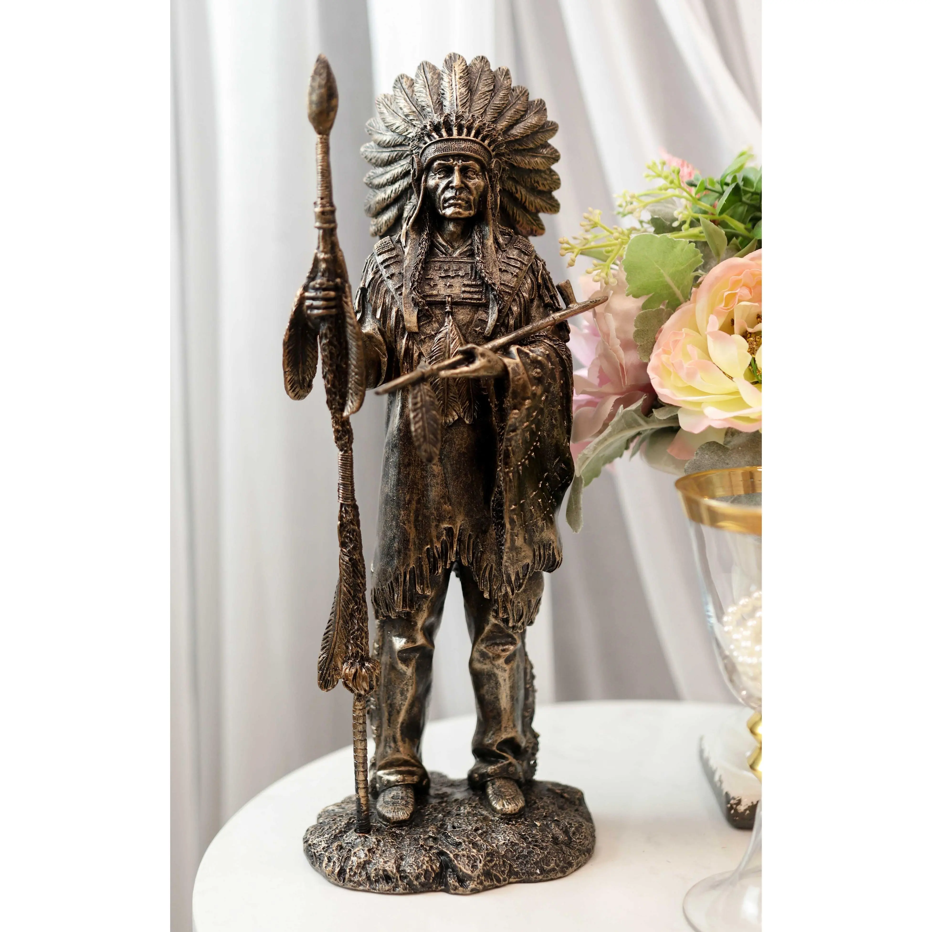 Native American Indian Chief Figurine with Eagle Roach, Spear, and Chalumet Pipe - Room Home Ornament, Office Decor Statue for Home Supplies