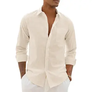 & Mens Cotton Linen Textured Shirt Long Sleeve Button Down Shirts Casual Summer Beach Wedding Tops with Pocket