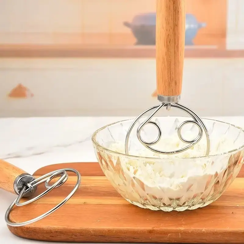 1pc Danish Dough Whisk Stainless Steel Dutch Style Bread Dough Hand Mixer Wooden Handle Kitchen Bakeware Baking Tools Pastry Dough Blender