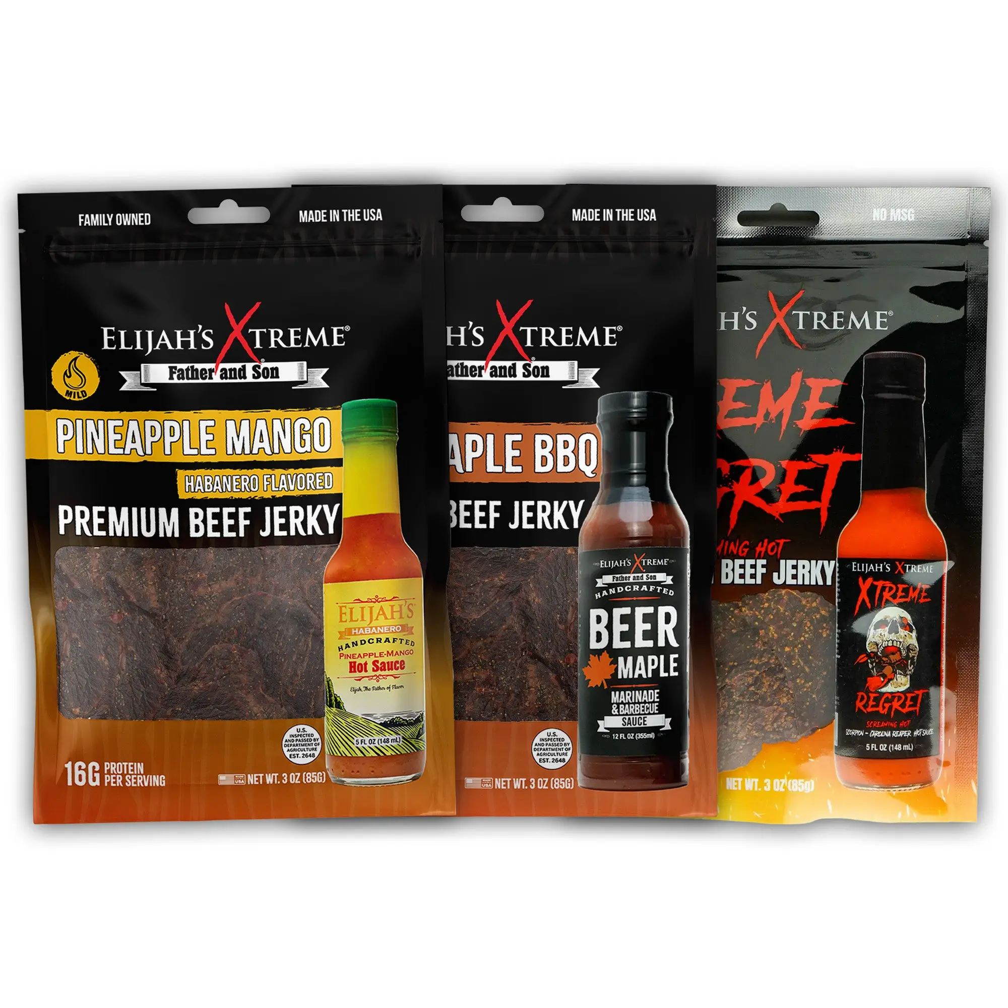 Elijah’s Xtreme Beef Jerky Trio Pack - 3 Pack, Maple BBQ, Carolina Reaper (Xtreme Regret) & Pineapple-Mango Habanero, High Protein, Gluten Free
