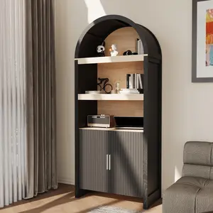 Garvee 71" Arched Storage Cabinet with Fluted Doors, 5 Tier Arched Bookcase, Kitchen Pantry with 3 Open Display Shelves and Adjustable Shelf, Display Cabinet for Office Dining Living Room- Black & Oak
