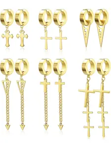 6 Pairs Stainless Steel Clip On Huggie Dangle Earrings for Men Women Long Chain Cross Pendant Non Piercing Earrings