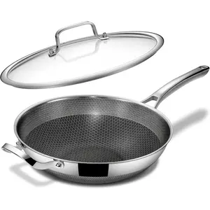 Wok pan,12 inch Hybrid Wok with Lid,PFOA Free Cookware,Non Stick Stainless Steel Woks & Stir-fry pans Nonstick, Dishwasher and Oven Safe, Works on Induction