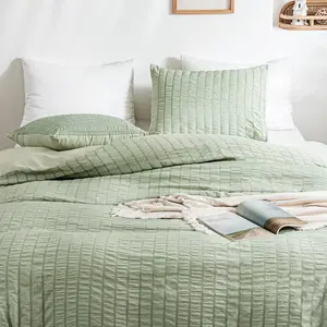 WARMDERN Duvet Cover Set Queen Size, 3pcs Washed Microfiber Bedding Set, Soft Breathable Striped Textured Seersucker Duvet Cover with Zipper Closure & Corner Ties For All Seasons Bedding Sets