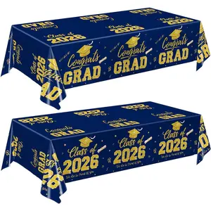 LINHAXM Graduation Decorations 2026, 2 Pack Graduation Tablecloths, Congrats Grad Disposable Table Cover for Navy Blue and Gold Grad Party Decorations Class of 2026, 54" x 108"