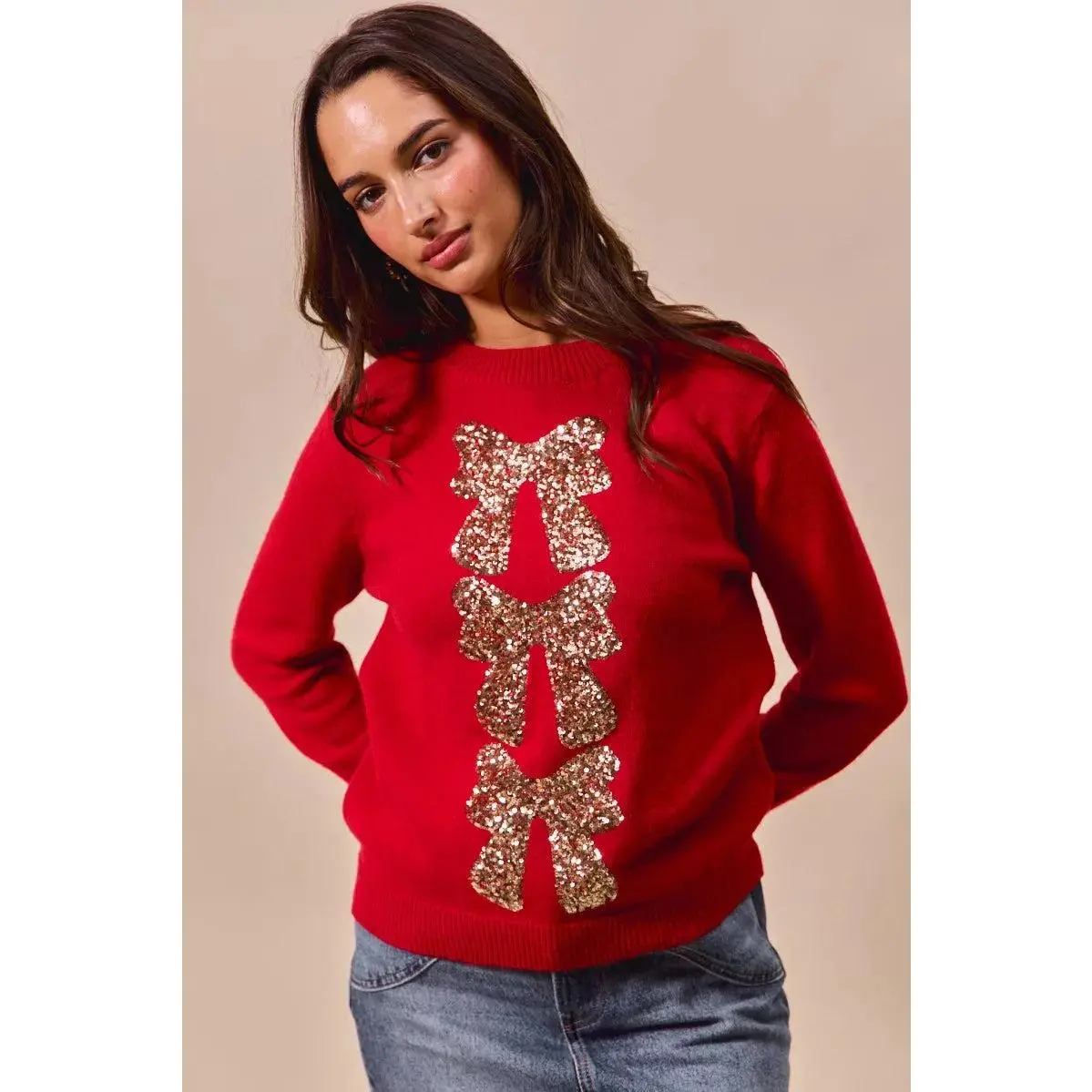 SO ME Sequins Bow Ribbon Embellished Christmas Sweater
