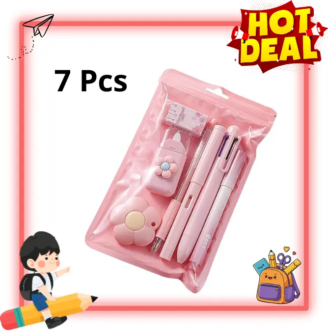 7 Piece Cute Pink Stationery Set, Kawaii School Supplies Kit with Pens, Pencil Sharpener, Highlighter, Correction Tape, Ruler & Utility Knife, Back to School Essentials
