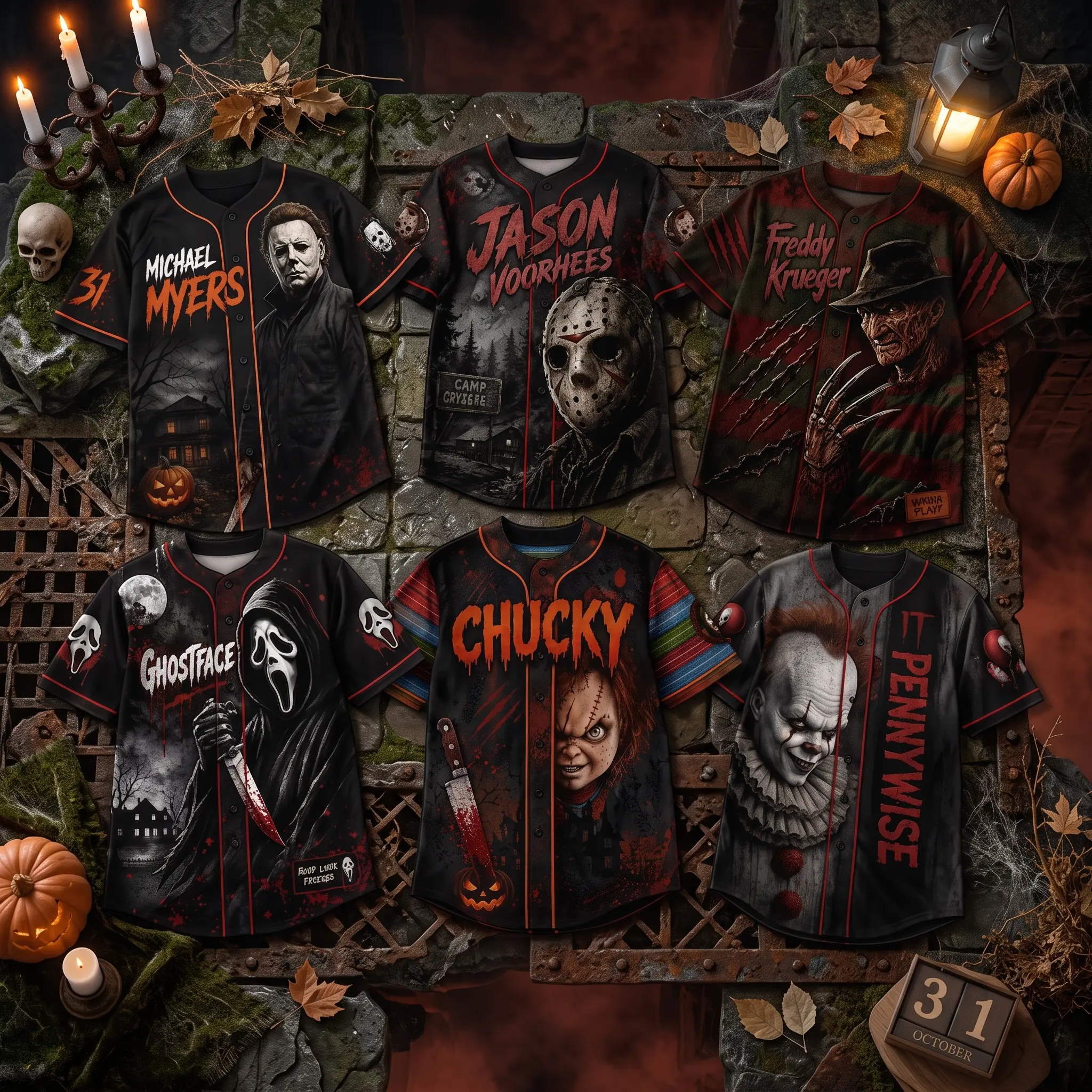 Limited Classic Horror Movie Baseball Jersey, Halloween Costume All Over Print Baseball Jersey, Spooky Season Shirt, Horror Movie Night, Halloween Outfit, Fall Gothic Clothes for Myers Jason Ghostface Chucky Penny Freddy Fan