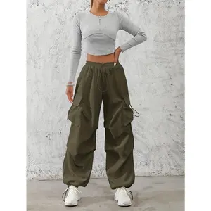 Solid Color Drawstring Baggy Cargo Pants, Casual Flap Pocket Fashion Versatile Pants, Women's Clothing