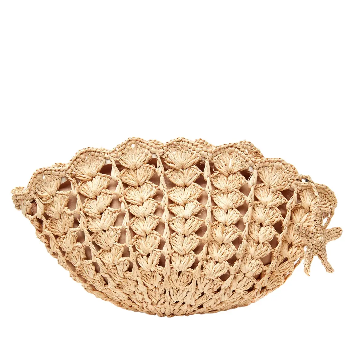 Mar Y Sol Women's Handcrafted Straw-Bamboo Crocheted Raffia Shelley Seashell Clutch - Lightweight Zippered Bag with Starfish Charm, Natural, Ideal for Casual & Evening Boho Outfits