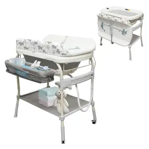2 In 1 Safety Collapsible Baby Bathtub With Changing Table,Waterproof Diaper Changing Station Portable Travel Cute Care Baby Tub,Adjustable Height Nursery Organizer With Storage Racks For Newborn Infant Toddler