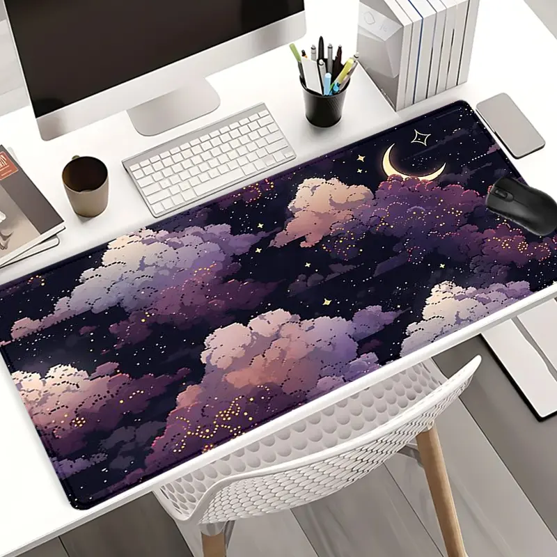 Large Pixel Art Purple Moon Mouse Pad, Golden Starry Night Sky Gaming Desk Pad, 35x16 Inch Computer Keyboard Mousepad with Non-Slip Rubber Base & Durable Stitched Edge, Home and Office, Aesthetic Desk Accessories, Gaming Desk Accessory