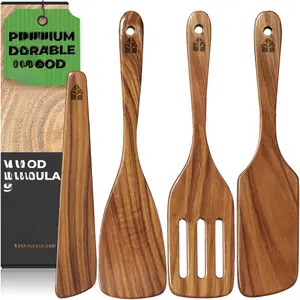 for Cooking - Natural Teak Wood Spatula for Non Stick Frying Pan - Wooden Cooking Utensils Set of 4 Including Paddle, Turner, Slotted Spurtle and Wood Scraper - Long Ergonomic Handles