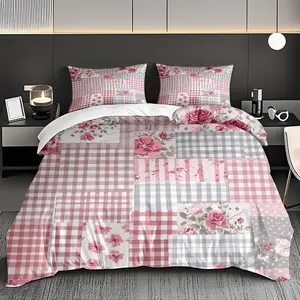 2/3 Pcs Piece Pink Checkered And Floral Pattern Patchwork Bedding Duvet Cover Set,Ultra-High-Definition Digital Printed Duvet Cover Set(1*Duvet Cover+1/2*Pillowcase,No Inner Core),Polyester Fiber Breathable,Machine Washable,Suitable For Decoration