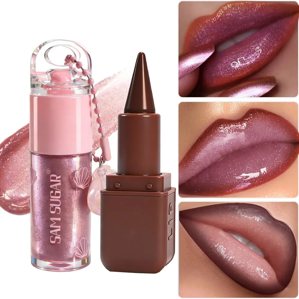 Sam Sugar Lip Liner and Pearl Gloss Set, Lipgloss, Glamour Gloss, Glossy, Easy Definition, Smooth Application, Moisturizing Effect, Long-Lasting Vibrant Color, Suitable for All Makeup, Hydrating, Hydrate, Lip Products Makeup