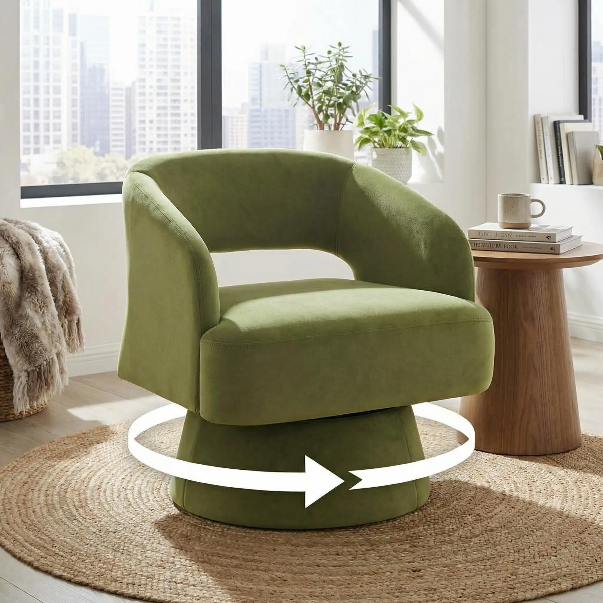 Garvee Swivel Barrel Chair - Velvet Upholstered Modern Armchair with Striped Backrest & Plush Padding, Round Lounge Chair for Living Room, Bedroom (Green-Openwork-(1 Pcs))