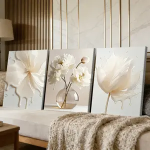 3 Counts Wooden Framed Canvas Painting, Elegant White Liquid Flower Images, Exquisite Poster, Perfect Gift, Decor For Living Room, Bedthroom, Modern Art, Fashion Family Poster, Wall Art Decoration