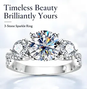 3CT Round Cut Moissanite Three-Stone Engagement Ring S925 Sterling Silver D Color VVS1 Pavé Band Luxury Wedding Ring for Women queen ring