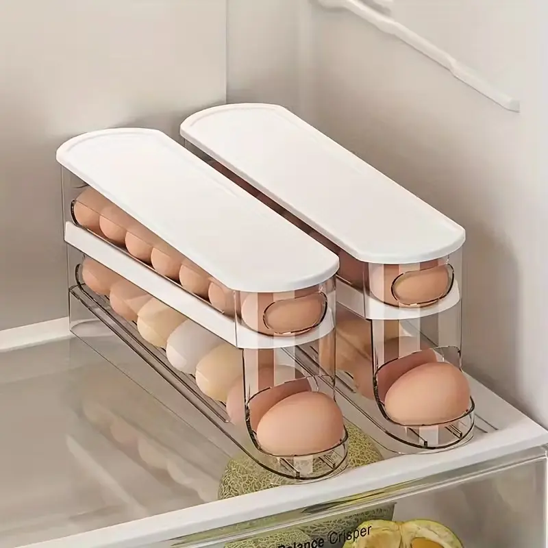 1pc Double-Layer Rolling Egg Storage Box, Space-Saving Fridge Door Organizer, Durable Plastic, Battery-Free, Perfect for Home Storage