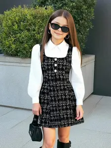 Tween Girl Casual Minimalist Comfortable Collared Long Sleeve 2 In 1 Cinched Waist Dress Fall Winter