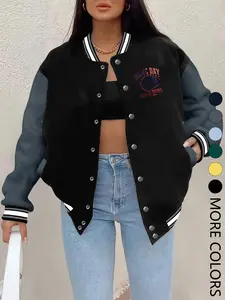New Women's Baseball Jacket Fall Winter, Fitted, Creative Letter Print, Casual Sporty Coat, Comfortable Versatile Jacket, Multiple Trend Colors