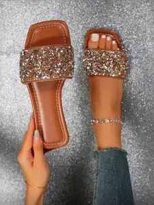 2026 Rhinestone Square Toe Sandals, Trendy Sandals, Full Rhinestone Decor, Comfortable Non-Slip Sole, Lightweight Luxury Party Shoes, Spring Summer Style