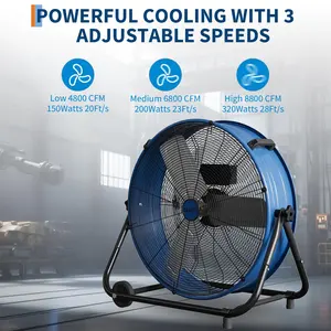 24 Inch High Speed Industrial Drum Floor Fan, Heavy Duty Metal Air Circulator with 3 Speeds, 360° Adjustable Tilt, Portable Handle & Casters for Warehouse Garage Factory Workshop Basement Commercial Use