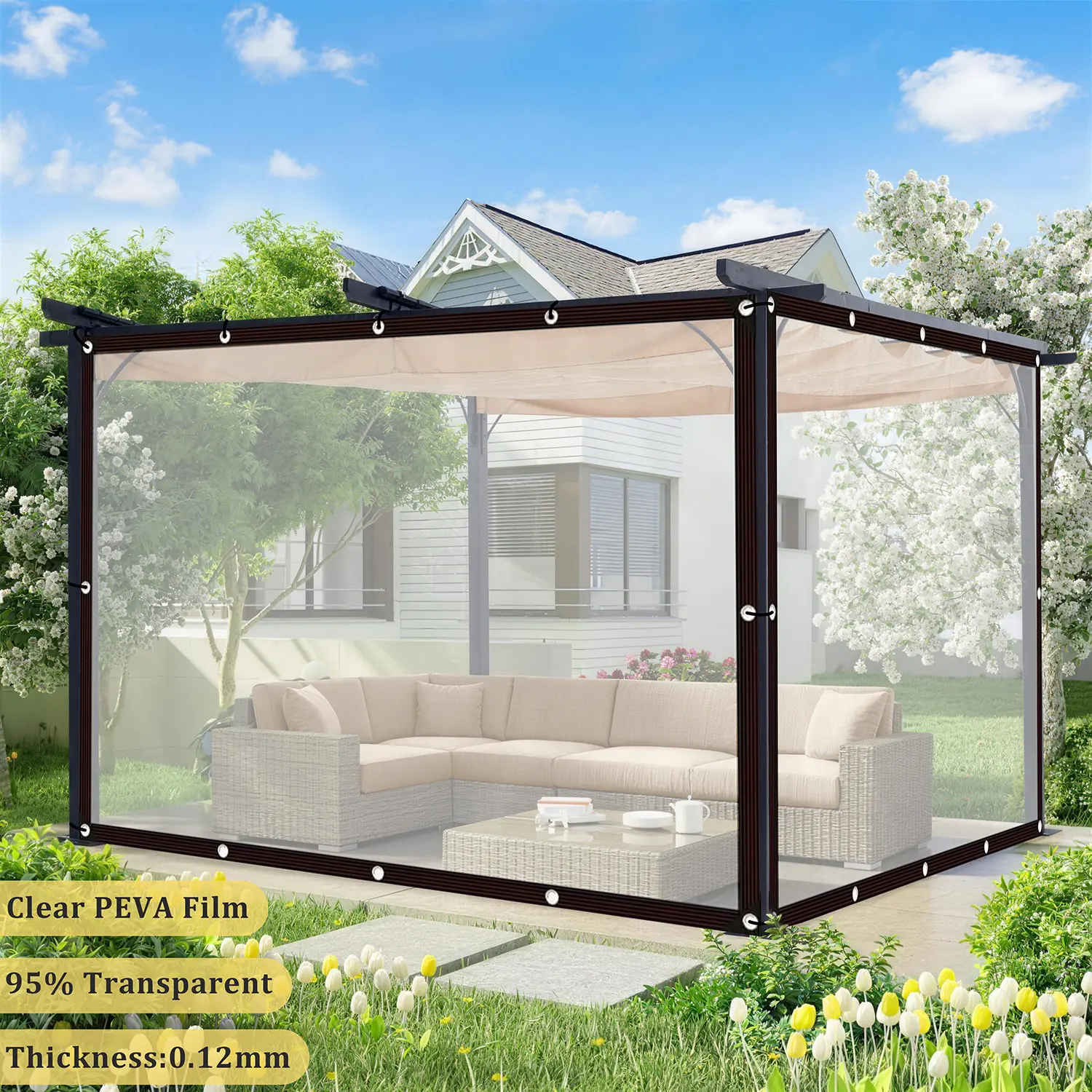 Heavy Duty Clear Tarp Waterproof PVC 16Mil – Outdoor Transparent Rain Curtain with Eyelets, Windproof Patio Cover, Gazebo Enclosure, Porch Weather Shield, Greenhouse Plastic Cover, Backyard Shade, Camping Tarp, UV Resistant Dustproof All-Season Use