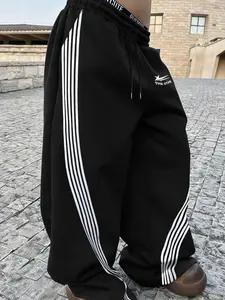 Striped Sporty Sweatpants with Side Bars & the Star Logo, Drawstring Waist, Loose Fit, Skin-Friendly Fabric for Daily Wear, Athleisure Style Bottoms