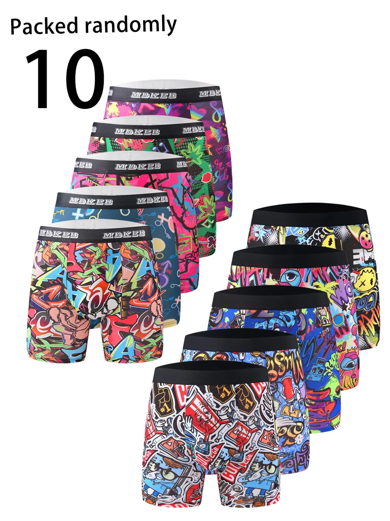 Random Pack of 10 Long Men's Underwear, Comfortable Fitted Street Style Graffiti Briefs, Casual Fashion Versatile Boxer Shorts Underwear Boxers, Casual Comfy Underwear