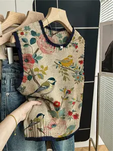 1 piece Spring/Summer Back-to-School Casual Loose Round-neck Sleeveless Dark Blue Embroidered Bird and Flower Print Knit Top, Vest top for Women, suitable for casual outings, paired with jacket or worn alone