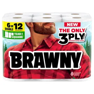 Brawny Tear-A-Square 3-Ply Paper Towels, 6 Double Rolls = 12 Regular Rolls, Strong, Absorbent, and Durable with 3 Sheet Sizes (Quarter, Half, Full)