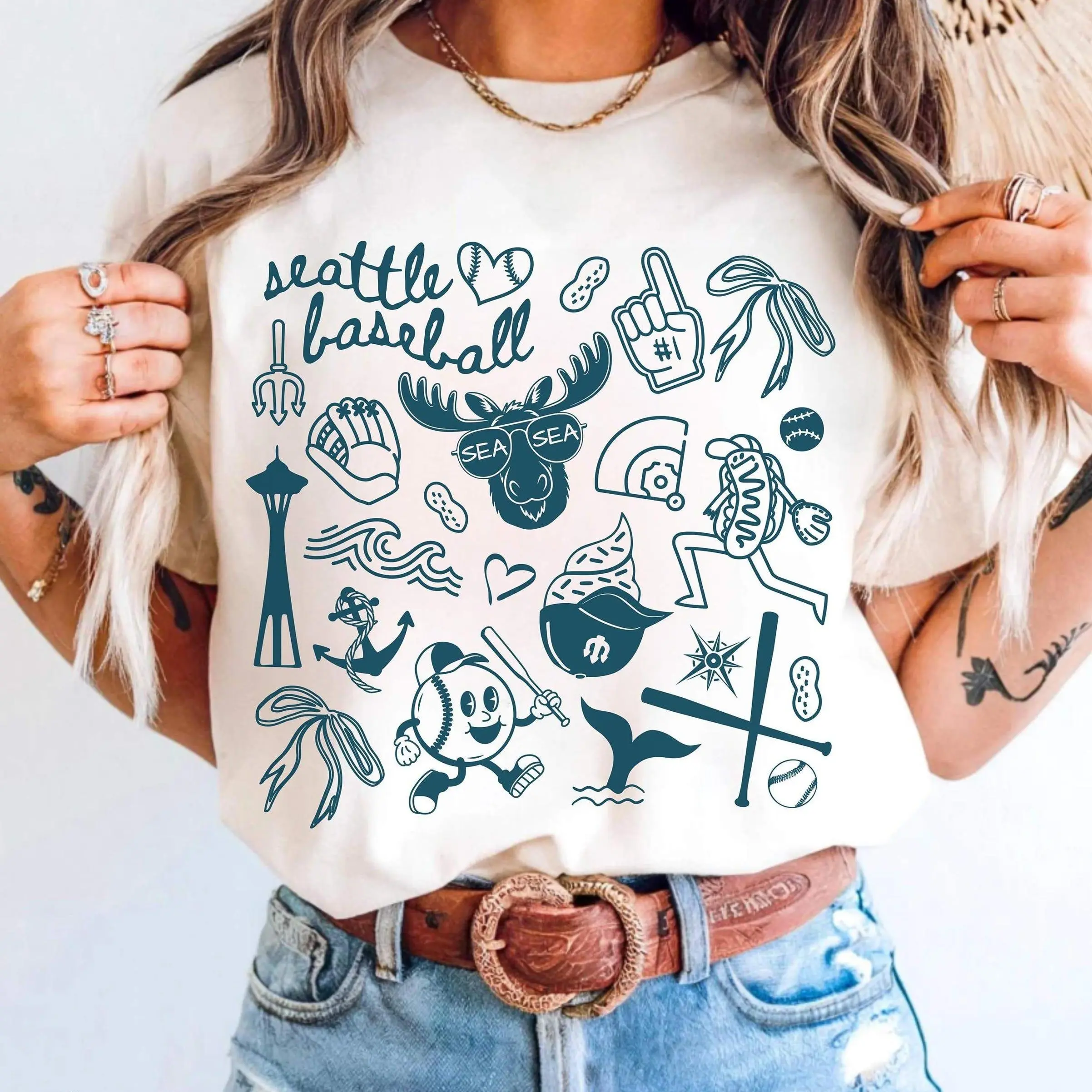 Seattle Baseball Doodle Graphic Tee, Cute Seattle Baseball Game Day Youth Shirt, Seattle Baseball T-Shirt for Men, Women and Kids