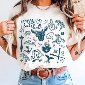 Seattle Baseball Doodle Graphic Tee, Cute Seattle Baseball Game Day Youth Shirt, Seattle Baseball T-Shirt for Men, Women and Kids