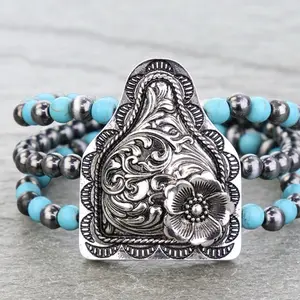 Western Filigree Stretch Bracelet with Turquoise Beads Available in Bow Texas Ear Tag Steer Styles