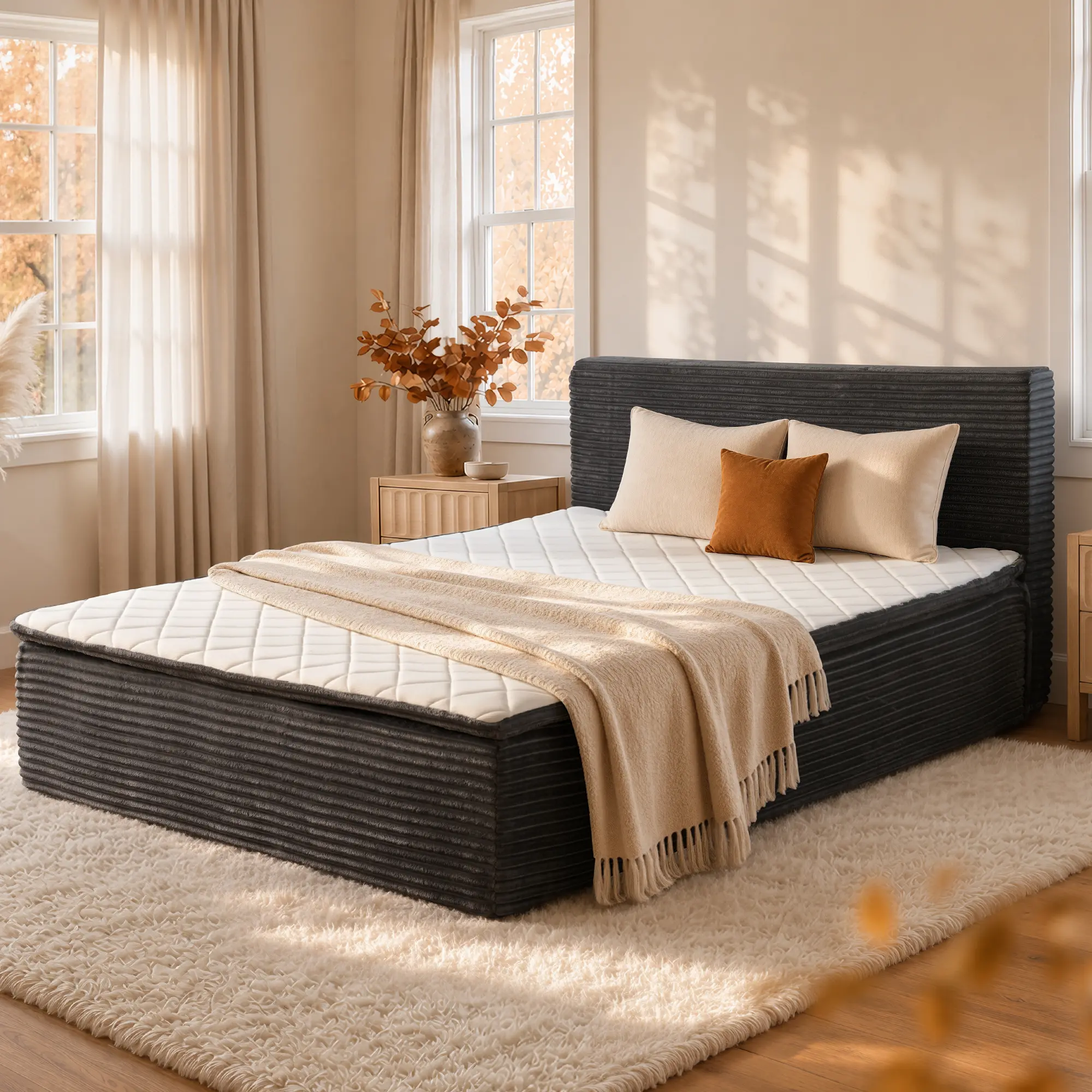 ALLWEX Luxury Platform Bed - 61" Queen Size, With 6-Layer Hybrid Mattress, Moveable Headboard, Pocket Springs, High-Density Foam, No Box Spring Required, Compressed Packaging, No Assembly Required,【CertiPUR-US Certified】