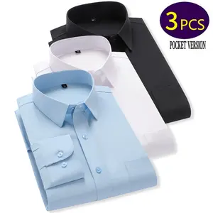 Menswear Collared Fitted Plain Long-Sleeve Business Shirt - Solid Color, Non-Transparent Fabric, Buttoned Chest Pocket, Suitable for Office Work, Formal Occasions, All Seasons